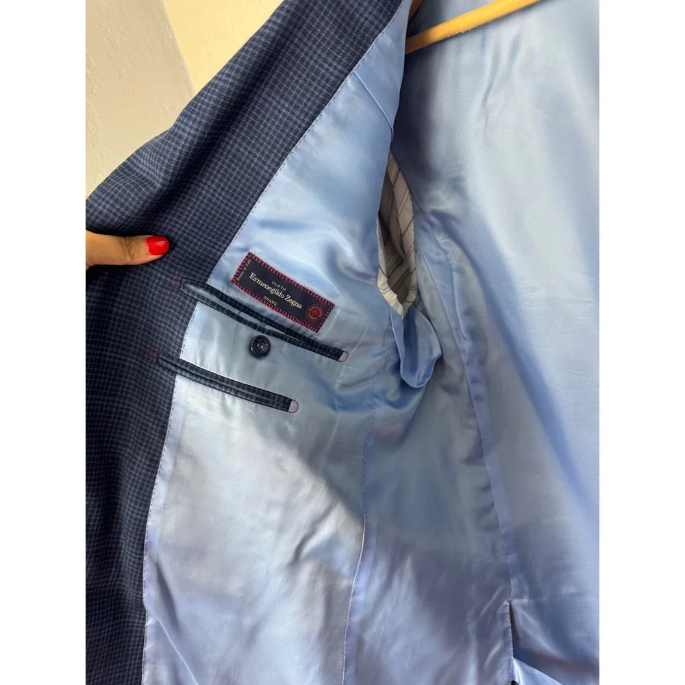 Custom Ermenegildo Zegna Wool Silk Sport Coat Blue Check Suit Jacket 42 Short